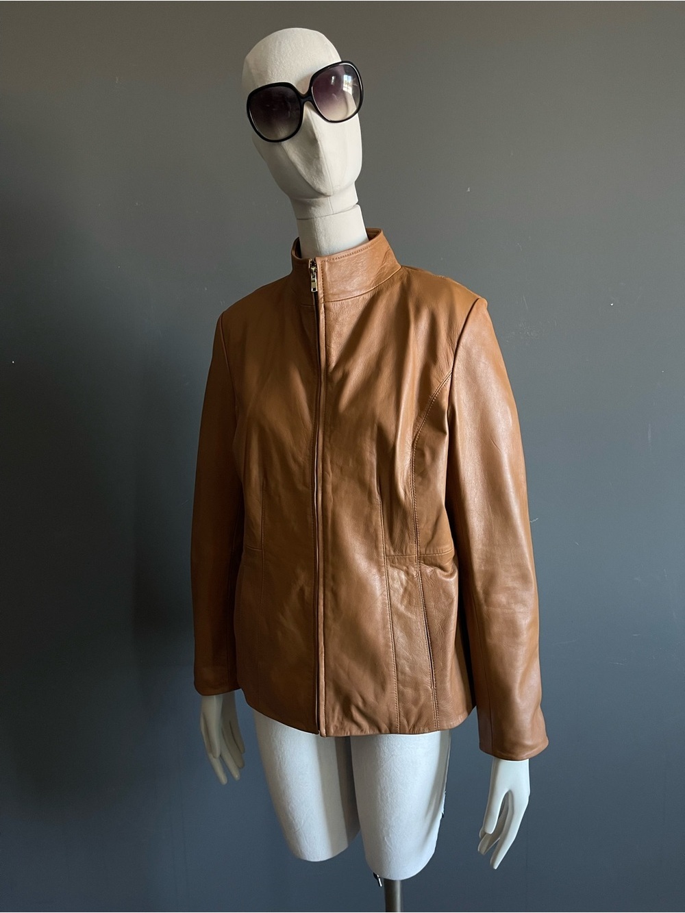 Cole Haan Hazelnut Brown Lambskin Leather Stand Collar Zip Jacket L Quiet Luxury